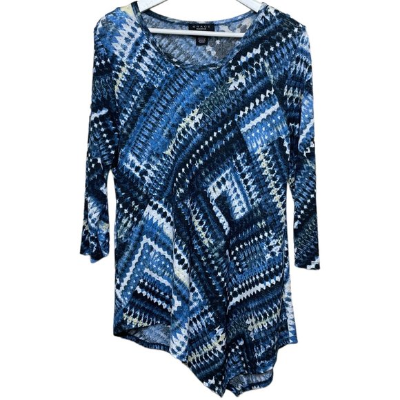 Grace The Perfect Fit Blue White Long Sleeve Tunic Blouse Size M